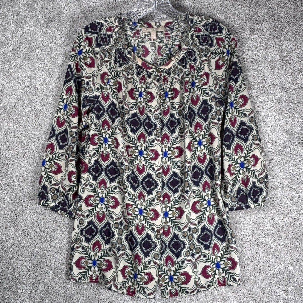 Banana Republic Women XS Smocked Neck‎ 3/4 Sleeve Geometric Print Tunic Top